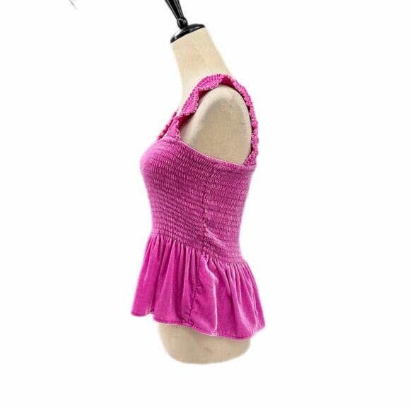 Anthropologie Bright Pink Velvet Peplum Smocked Ruffle Sleeve Tank Top Blouse - Picture 3 of 9
